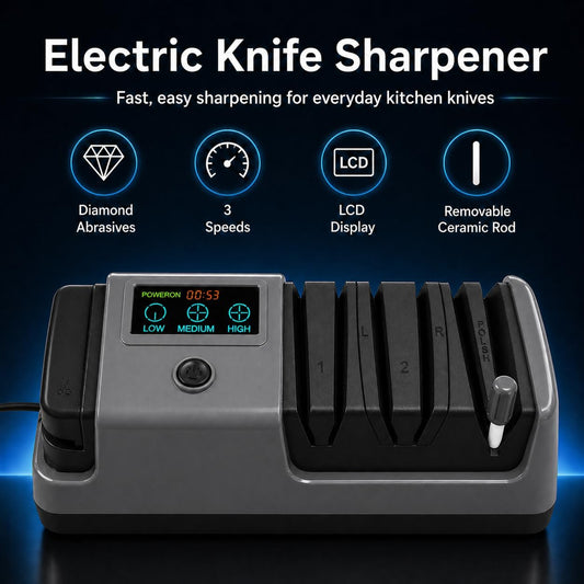 Electric Knife Sharpener for Knives, Scissors, Axes, 5-in-1 Multi-Function Sharpener with Adjustable Speed, 3-Stage Diamond Grinding, Ceramic Polishing Rod, LCD Display