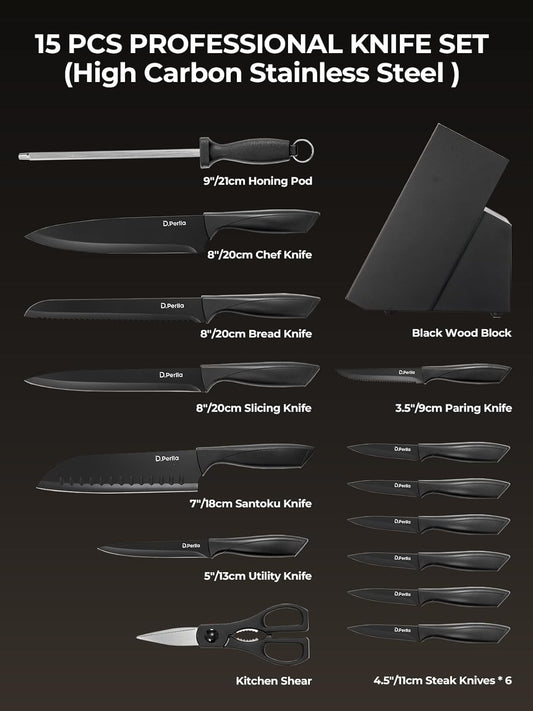 Knife Set, D.Perlla 15 Pieces Knife Sets for Kitchen with Block, Dishwasher Safe Kitchen Knife Set with Sharpener Rod, Black Coating German Stainless Steel Knife Block Set, Non-stick & Non Rust, Black