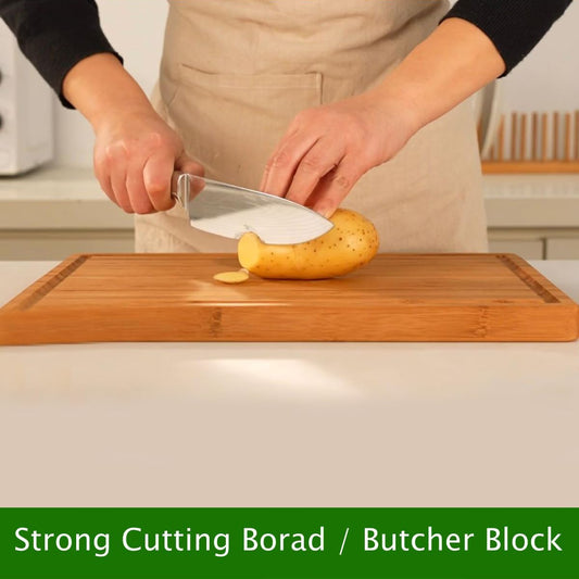 Bamboo Cutting Board for kitchen – .8" Thick Wood Chopping Board with Juice Groove and inner handle. Charcuterie & Butcher Block for Meat, Vegetables & Cheese, Brown (14"x10")