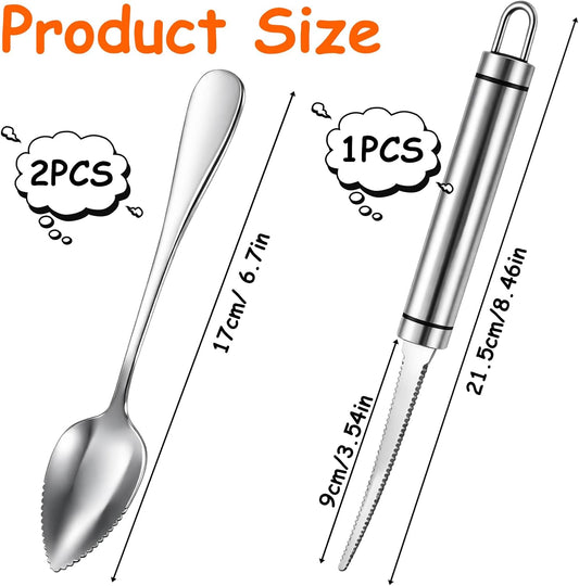 3PCS Grapefruit Spoon Knife Set with Serrated Edge, Stainless Steel Grapefruit Spoons, Ergonomic Handle Grapefruits Knife for Citrus Fruit, Lemon, Kiwi, Melon, Dragon Fruit, Apple, Avocado
