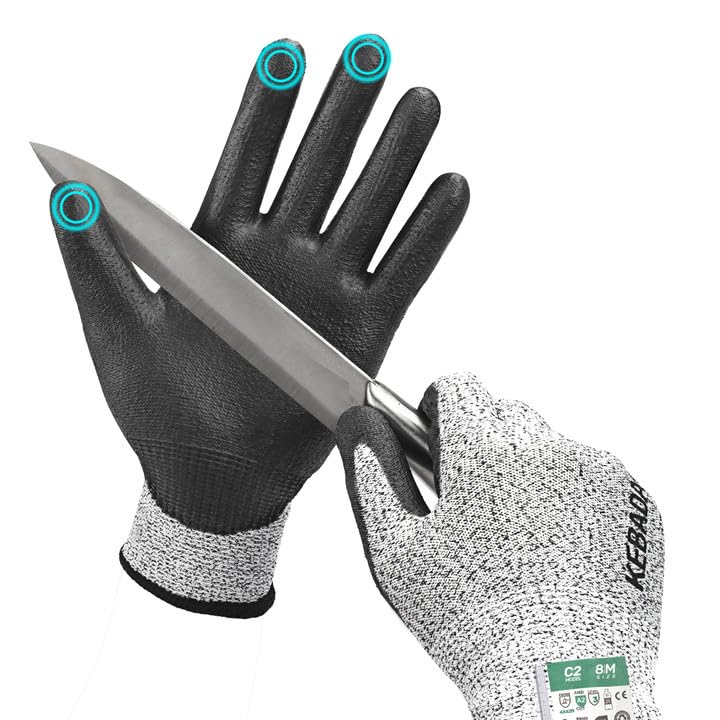 Kebada Cut Resistant Gloves, ANSI A2 Cutting Glove, PU Coated, Touchscreen, Multi-Purpose Model C2, 3 Pairs, Large