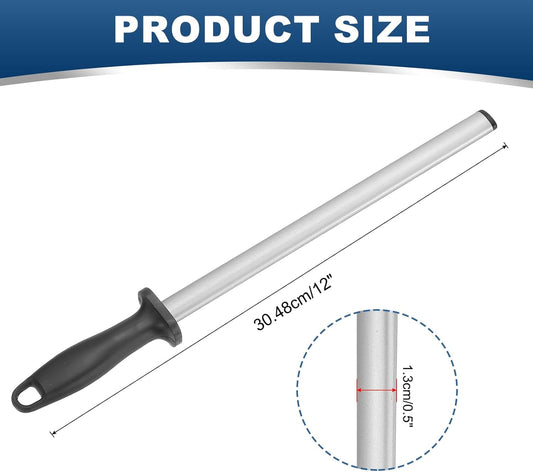 uxcell 12 Inch Diamond Sharpening Steel Honing Rod, High Hardness Sharpening Rod Knife Sharpener Steel for Kitchen Knife Silver