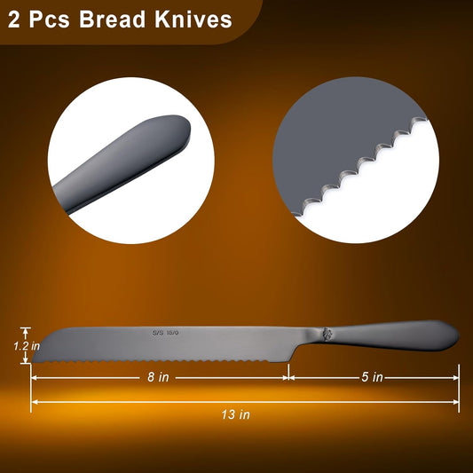 Eisinly Bread Cutting Knife, 13 Inches Serrated Bread Knives for Homemade Bread, Stainless Steel Long Bread Slicing Knife for Baker, Baking Lover, 2PCS Matte Black