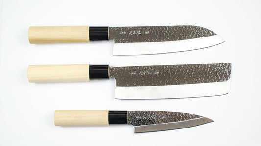 3-Piece Japanese Knife Set | 170mm Santoku, 170mm Nakiri, 120mm Deba | Tsuchime Hammered Finish | Authentic Made in Japan | Gift Box Included