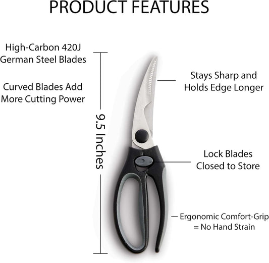 HIC Kitchen Roasting Poultry Shears, Cutlery-Quality, High-Carbon 420J German Steel; 9.5-Inches