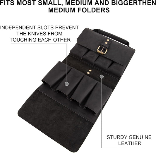 Pocket Knife Display Case, Genuine Leather Folding Knives Roll Bag Organizer with 8 Slots, 4×2×1 Inches Pocket Slots Storage Case Knife, Compact Knives Cases Gift for Collectors