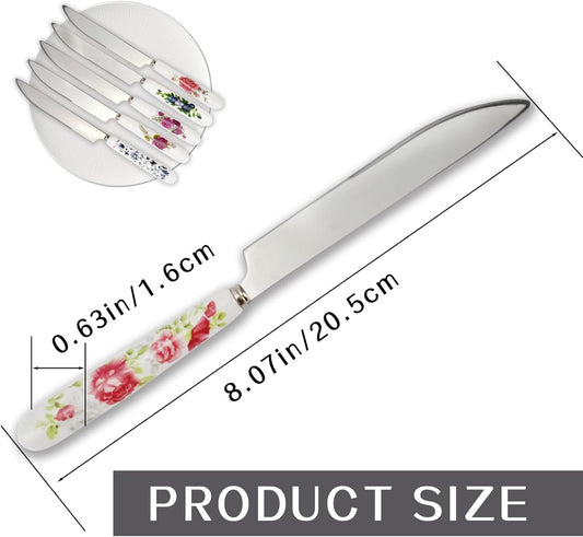 JEPELUS 6 Pcs Floral Butter Knife Set, Kitchen Butter Knives with Ceramic Handle, Fancy Cheese Spreader Knives for Spreading Jam Cream Peanut Sandwich, Dinner Knife for Daily Use, Dishwasher Safe