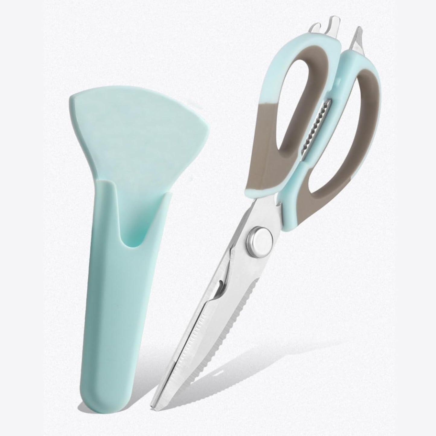 Multifunction Kitchen Food Scissors, 6-in-1 Stainless Steel Detachable Kitchen Shears with Magnetic Holder, Household Scissors for Meat, Fish, Vegetable, BBQ (Blue-grey)