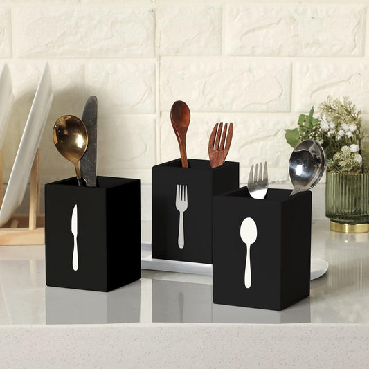 Kathfly 4 Pcs Silverware Caddy Utensil Holder for Countertop Silverware Organizer with Wood Tray Spoon Fork Holder 3. 15 x 3. 15 x 4. 53 Inches of Each Organizer for Kitchen Parties(Retro White)