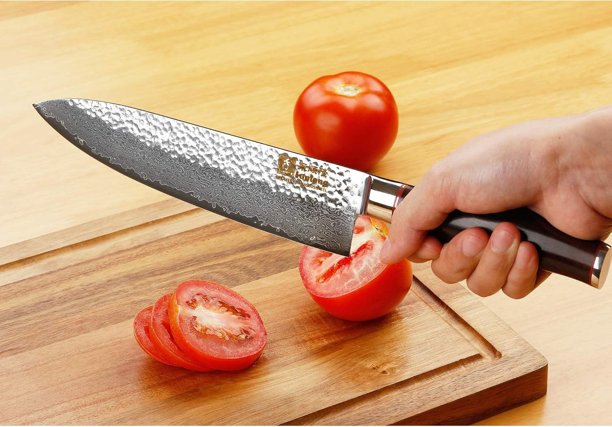 SUNLONG Chef's Knife 8 inch Gyuto - Japanese Hammered Damascus Steel Blade - Natural Leadwood Handle