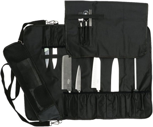 HERSENT Knife Roll,Chef Knife Roll Bag With 17 Slots Can Holds13 Knives,1 Meat Cleaver, And 3 Utensil Pockets,Durable Knife Bag With Handle,Shoulder Strap & Zippered Mesh Pocket Holder