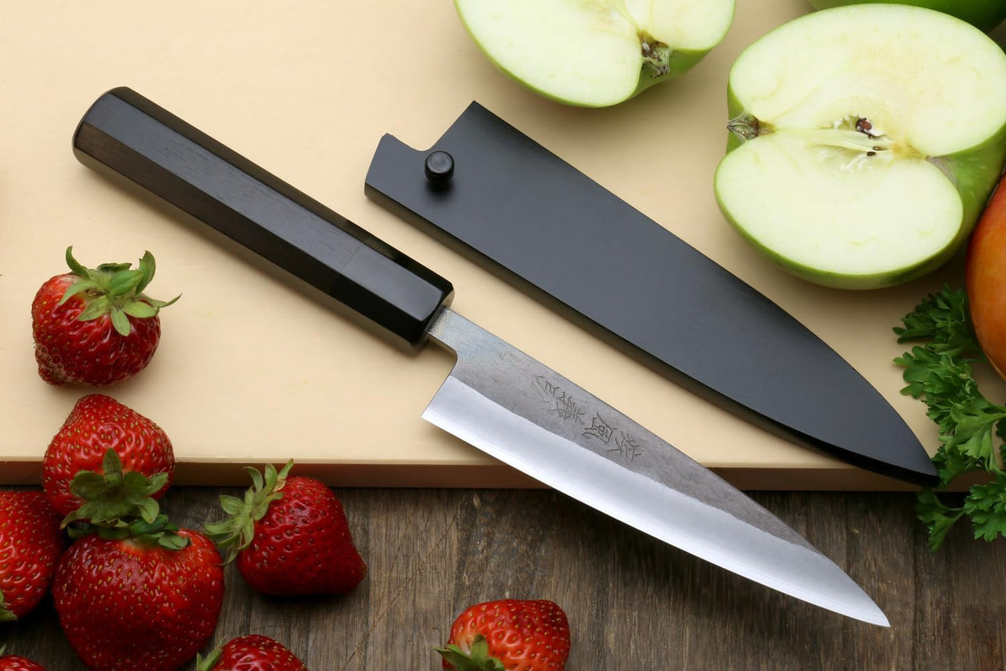 Yoshihiro Kurouchi Black-Forged Blue Steel Stainless Clad Santoku Chefs Knife and Petty Utility Knife 2pc Set Ebony Handle (Santoku 165mm / Petty 135mm & Saya Cover)