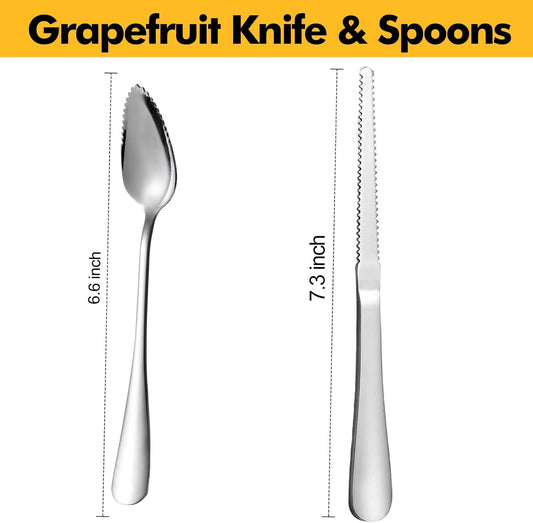 HyperSpoon 5 Pack Grapefruit Spoons & 1 Grapefruit Knife, Stainless Steel Flatware Set Serrated Edges, Cutting Utensil Kitchen with Titanium Plating for Fruit Kiwi Orange, Silver
