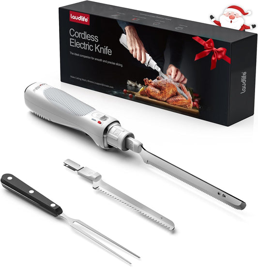 New Upgrade Cordless Electric Knife with Serrated Blade, Ergonomic & Safe Design with Comfortable Contoured Grip, USB-C Rechargeable, 70+ Min Runtime, Ideal for Turkey, Meat, Bread & Vegetables, White