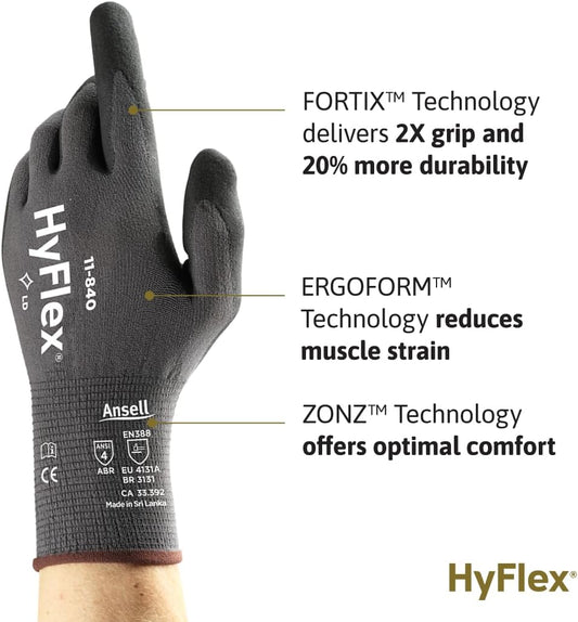 Ansell HyFlex 11-840 Ergonomic Abrasion-Resistant Nylon Spandex Nitrile Coated Industrial Gloves for Automotive, Fabrication