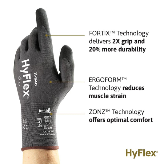HyFlex 11-840 Ergonomic Abrasion-Resistant Nitrile Foam Industrial Gloves for Automotive, Fabrication, EMS, Utilities - Size 9, Black (12 Pairs)