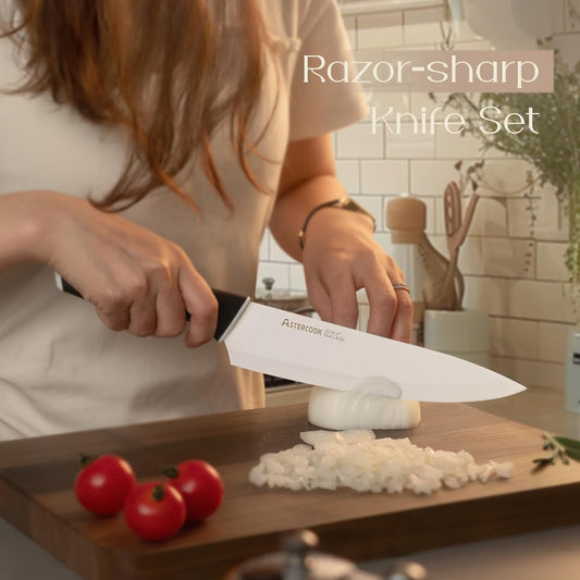 Astercook Kitchen Knife Set with Block and Sharpener 15 Piece German High Carbon Stainless Steel Knives Sharp Blade Dishwasher Safe Deba Knives with Ergonomic Handle, Delicate Blue