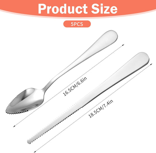 Grapefruit Knife 5 Pieces Set, 3 Stainless Steel Grapefruit Spoons & 2 Grapefruits Knife, Serrated Edge Utensils for Citrus Fruits (Silver)