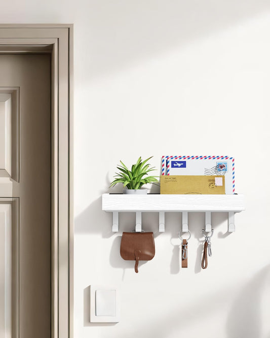 Key Holder Wall Mount Adhesive Magnetic - Hanging Key Hooks with Mail Organizer Tray for Wallet House - Keys Hanger Rack with Shelf for Camper Entryway Door Home Living Room Decor Large Black