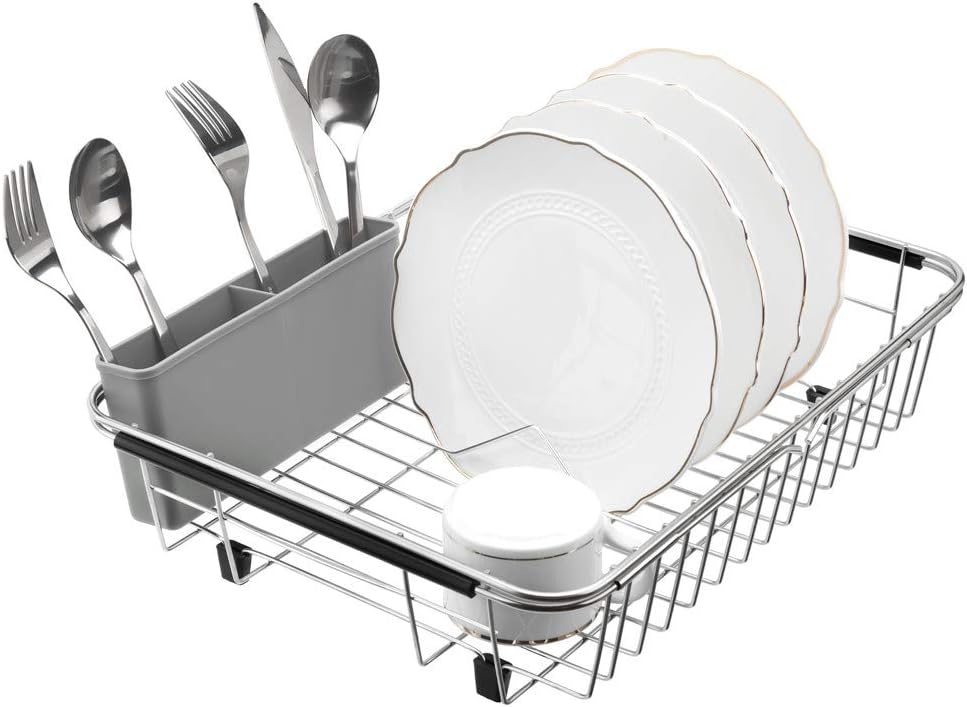 SANNO Dish Rack Utensil Holder, Hanging Cutlery Drainer Caddy with Hooks, 2 Compartment Flatware Organizer for Forks, Spoons, Knives, Fits Over Most Dish Drying Racks, Black