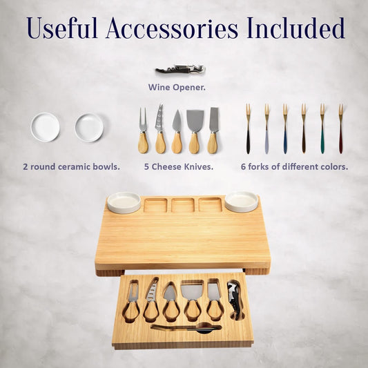 Charcuterie Board Set, Bamboo Cheese Board with Accessories, Cheese Platter with Bowls, Knives, Forks and Wine Opener.