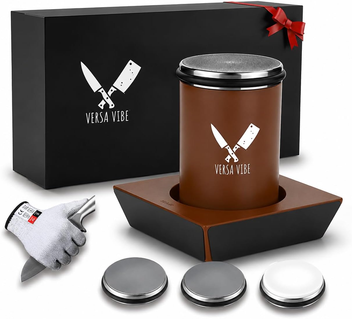 Premium Rolling Knife Sharpener kit, High Carbon 400, 1000, & 3000 Discs, 15° & 20° Adjustable Angles | Leather Strop, Anticut Gloves | Knife Sharpening kit for Kitchen & Chef's Knives