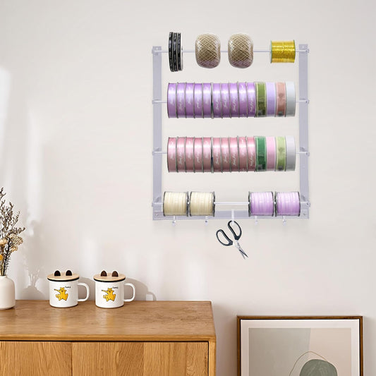Ribbon Storage Rack, 4-Tier Wall Mounted Ribbon Organizer Racks with 5 Hooks, Sewing Tool Storage Metal Wall Rack, Sewing Thread Organizer Holder for Florist, Cake Shop, Craft Room, Home