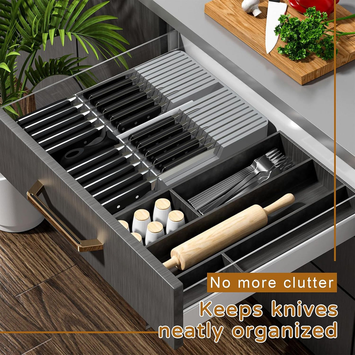 Bamboo In-Drawer Knife Block Set for 16 Knives(Not Included), Large Kitchen Detachable Washable Cutlery Slot Organizer Storage Holder for Sharpening Steel and Cutter