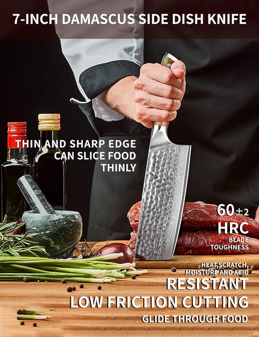 7“ Nakiri Knife - Hammered Damascus Steel & Resin Handle - YAO Series