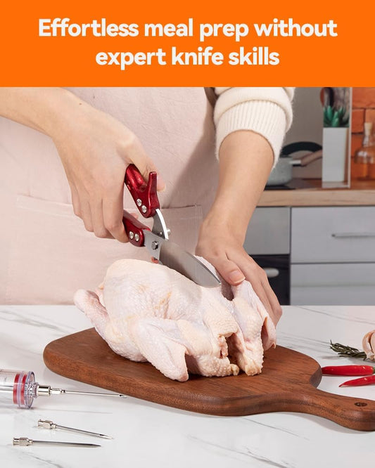 Kitchen Shears, Heavy Duty Poultry Shears, Detachable Scissors | Detachable blades, 304 stainless steel, built-in spring, safety lock, cuts bone, chicken, turkey, fish, seafood, Red