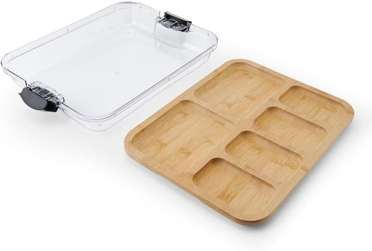 Bamboo Cutting Board with Clear Locking Lid, 11 x 14 Inch Build-A-Board Charcuterie Board with 6 Compartments for Food Prep, Snack Tray, and Entertaining