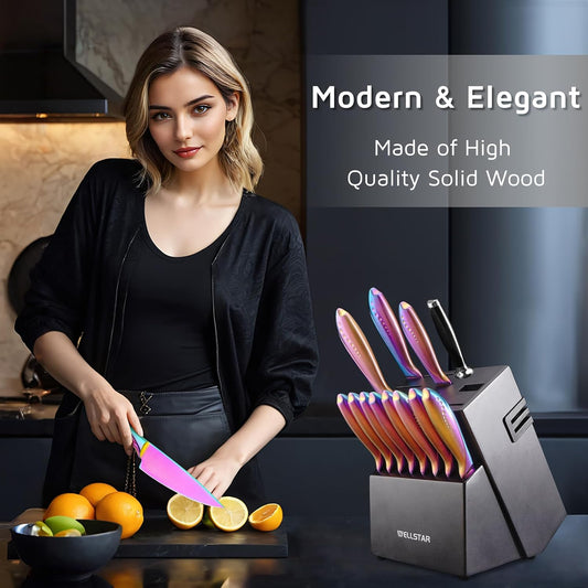 18-Slot Kitchen Knives Block, Large Capacity Natural Wooden Knife Holder without Knives – Modern Hard Wood Counter-top Knife Storage with Built-in 2-Stage Knife Sharpener - Black