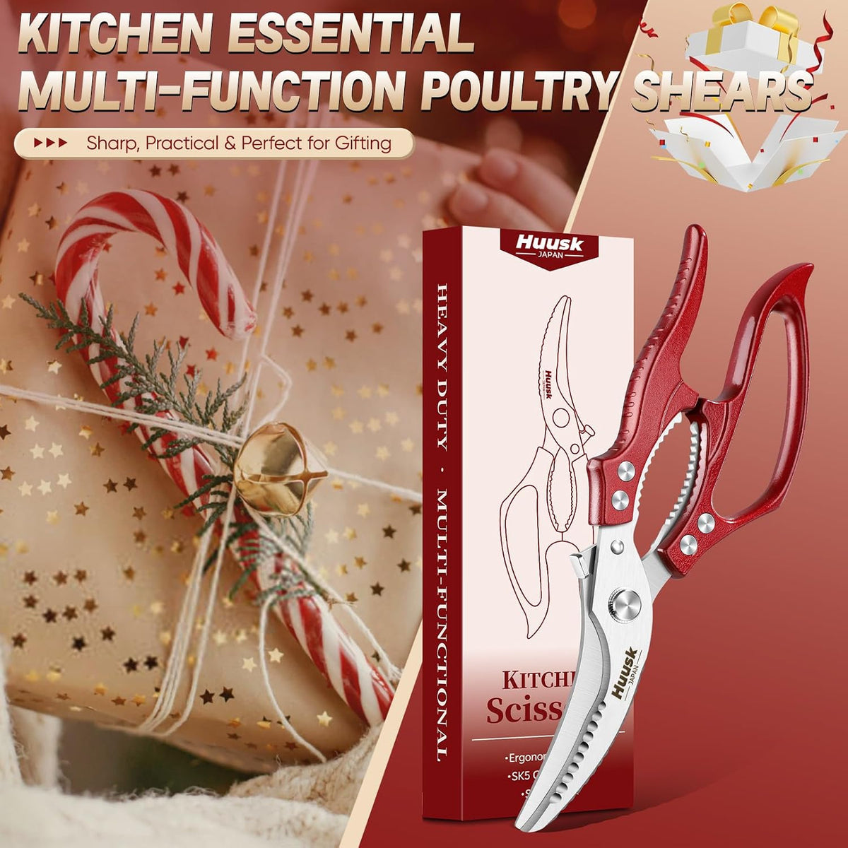 Huusk Poultry Shears Heavy Duty – All Purpose Japanese Kitchen Scissors | SK5 Steel Kitchen Shears for Meat, Fish, Vegetables, Chicken Bones, Turkey, Ergonomic Non-Slip Red Handle, Gifts for Women