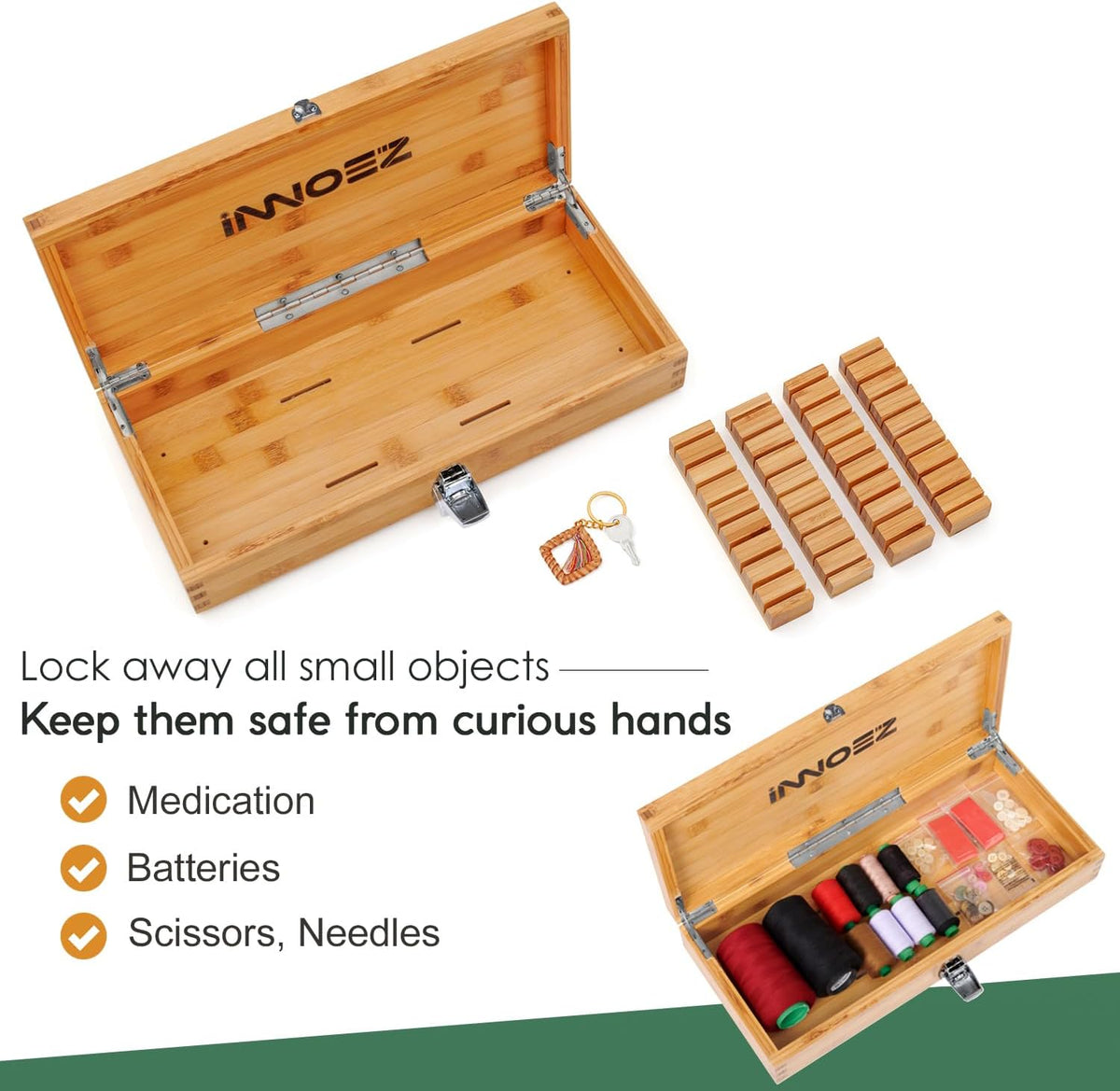 Bamboo Kitchen Knife Holder Lock Box - Knife Drawer Organizer Lockable Storage Box with Lock and Key to Keep Kids Safe from Sharp Knives. Multi Purpose Safe Box (Knives Not Included) (Large)