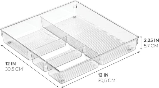 Linus Kitchen Drawer Organizer for Silverware, Spatulas, Gadgets - 12" x 12" x 2", Clear