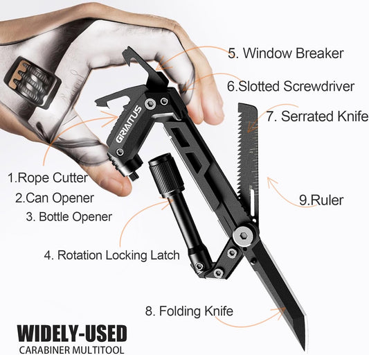 Carabiner Multitool 8-in-1 EDC Carabiners Pocket Knife for Camping, Black | Gifts for Men, Folding Serrated Knife, Bottle Opener, Rope Cutter, Screwdriver, Ruler, Survival Gear for Hiking Packs Carry