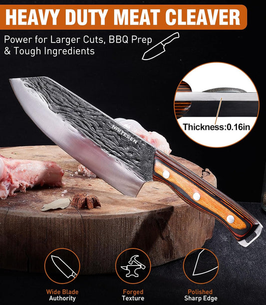 4PCS Hand Forged Butcher Knife and Kitchen Knife 2 in 1 Set | Heavy Duty Meat Cleaver Serbian Chef Knife Breaking Knife Boning Knife for Meat Cutting BBQ Gifts for Men Women
