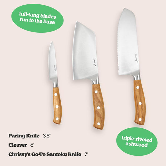 Cravings Greatest Hits 3-Piece Kitchen Knife Set – Includes 6-Inch Cleaver, 7-Inch Santoku Knife, and 3.5-Inch Paring Knife – Full-Tang Stainless Steel Blades with Triple-Riveted Ashwood Handles