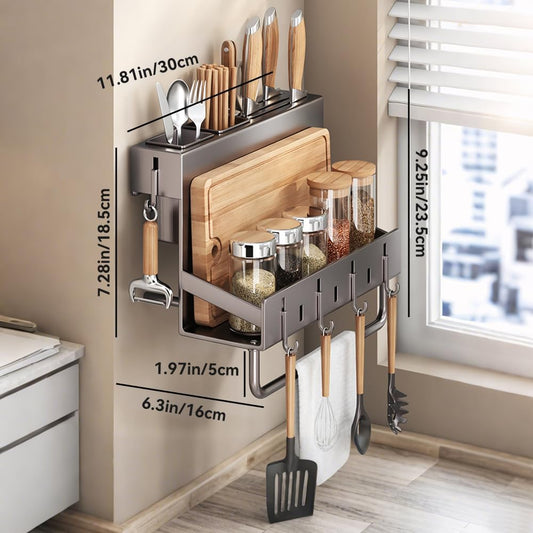 Multifunctional Wall-Mounted Knife Holder Kitchen Utensils Holder Spice Storage Organizer Rack for Knives, Spoons, Chopsticks, Towels, Pot Lids, Spice Jars (Grey)