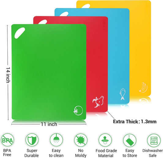 Kitchen Plastic Cutting Board Set - Extra Thick Flexible Cutting Mat for Cooking, Non-Slip Chopping Board with Colored Food Icons & Easy-Grip Handles, Dishwasher Safe, Set of 4