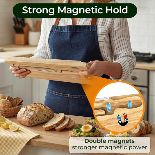 Sourdough Bread Bow Knife and Cutting Board With Magnetic Storage | Bread Slicer Set for Homemade Loaves with Cutting Groove, Space-Saving, Right & Left Handed, Ideal Baking Gift for Home Baker