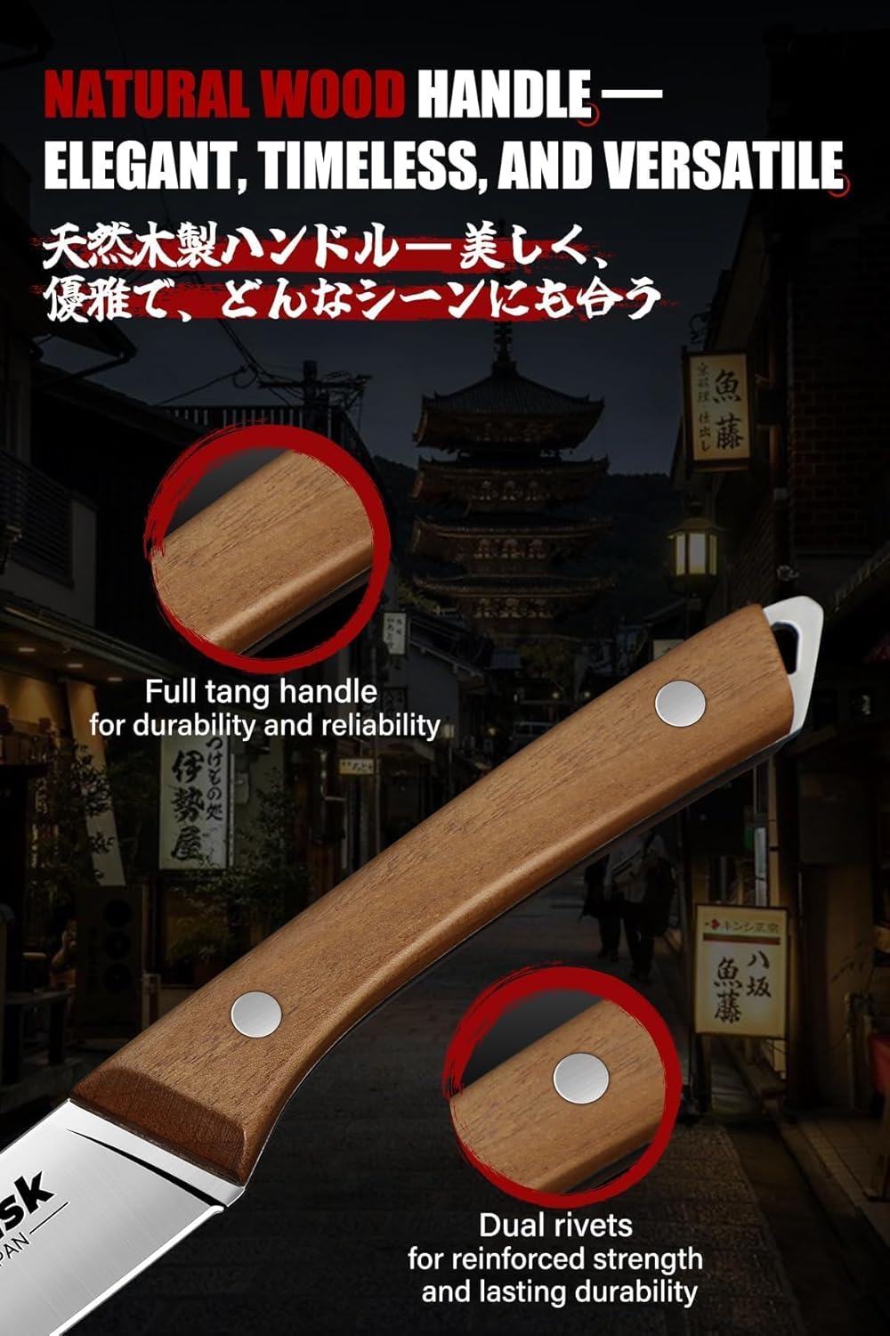 Huusk Steak Knives Set of 8 with Wood Block, Serrated & Straight Dual-Edge | Drawer Organizer Included,Wood Full Tang Handle, Japanese Stainless Steel, Steaks Knives with Holder, Homewarming Gift Idea