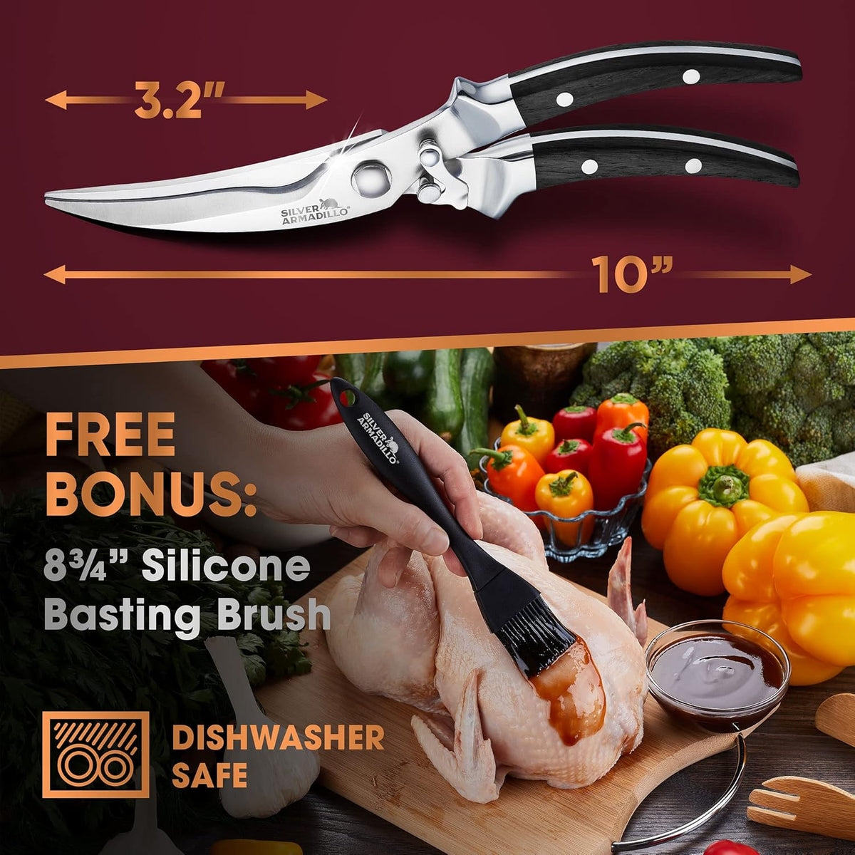Heavy Duty Poultry Shears - Professional Stainless Steel Kitchen Scissors for Bone, Chicken, Meat, Fish & Vegetables - Spring Loaded (Stainless Steel handles)