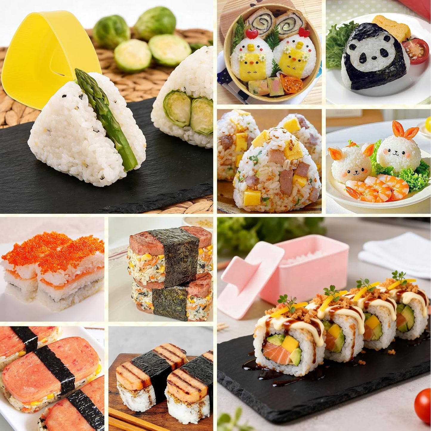 Onigiri Molds Set, Triangle Onigiri Molds Cute Cat Shape Rice Ball Maker, Musubi Press Mould with Ham Slicer and Gimbap Mould, Reusable Sushi Making Kit for Kid Lunch Home DIY Picnic Tools