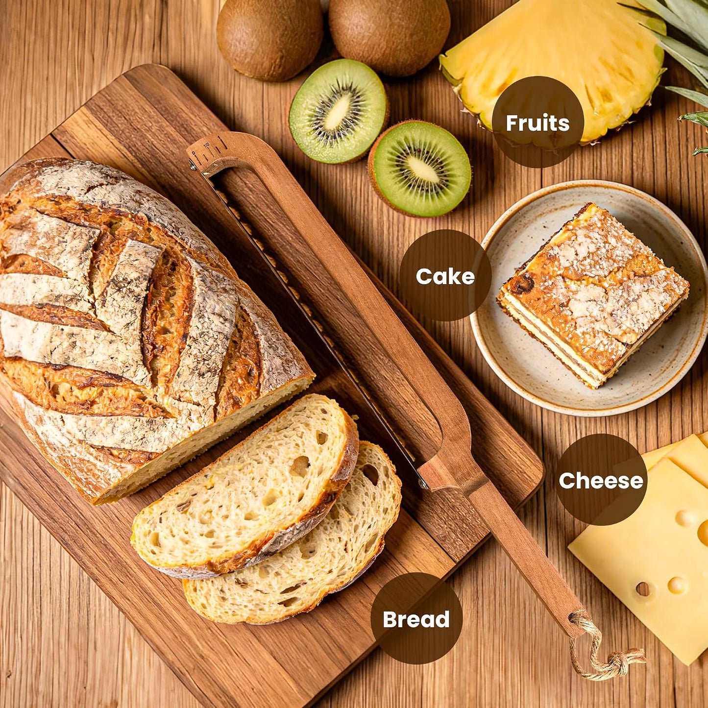 16" Wooden Bow Bread Knife with Measuring Scale – Fiddle Bow Slicer for Homemade Bread & Sourdough, Serrated Stainless Steel Bread Saw for Artisan Loaves, Bagels & Baguettes