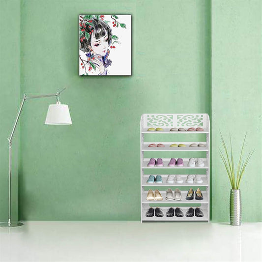 Wood-Plastic Board Six Tiers Carved Shoe Rack White B