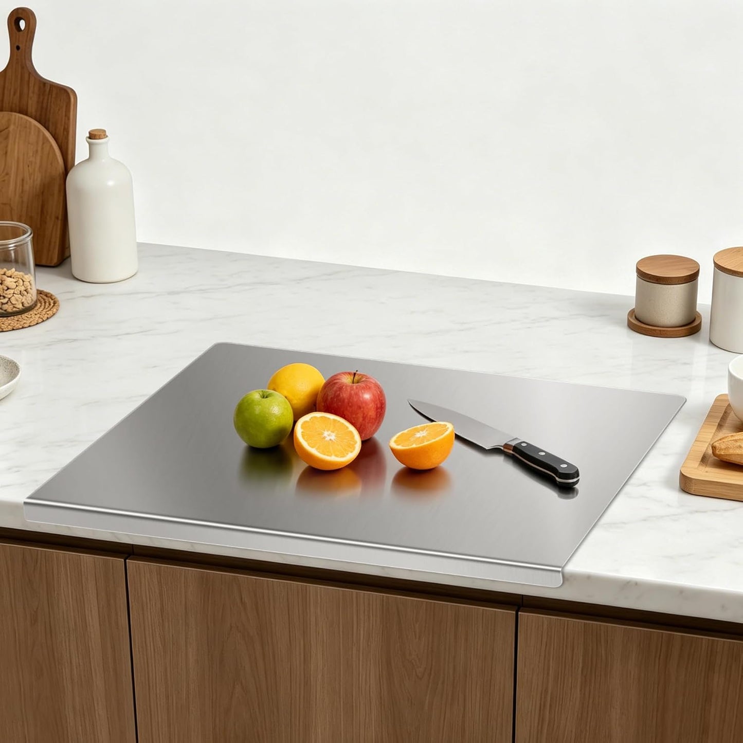 Stainless Steel Cutting Board with Lip, 16 x 12 Inches Kitchen Chopping Board for Countertop, Double-Sided Food-Grade Metal Cutting Board, L-Shaped Edge Chopping Mat for Kitchen Prep & Baking