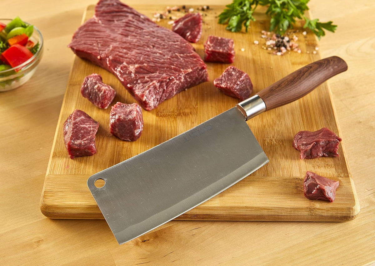 IMUSA 5.5 Inch Chef Stainless Steel Cleaver Knife with Woodlook Handle | Mirror-Polished Blade, Ergonomic Grip, Rust-Resistant Construction, Ideal for Chopping and Slicing