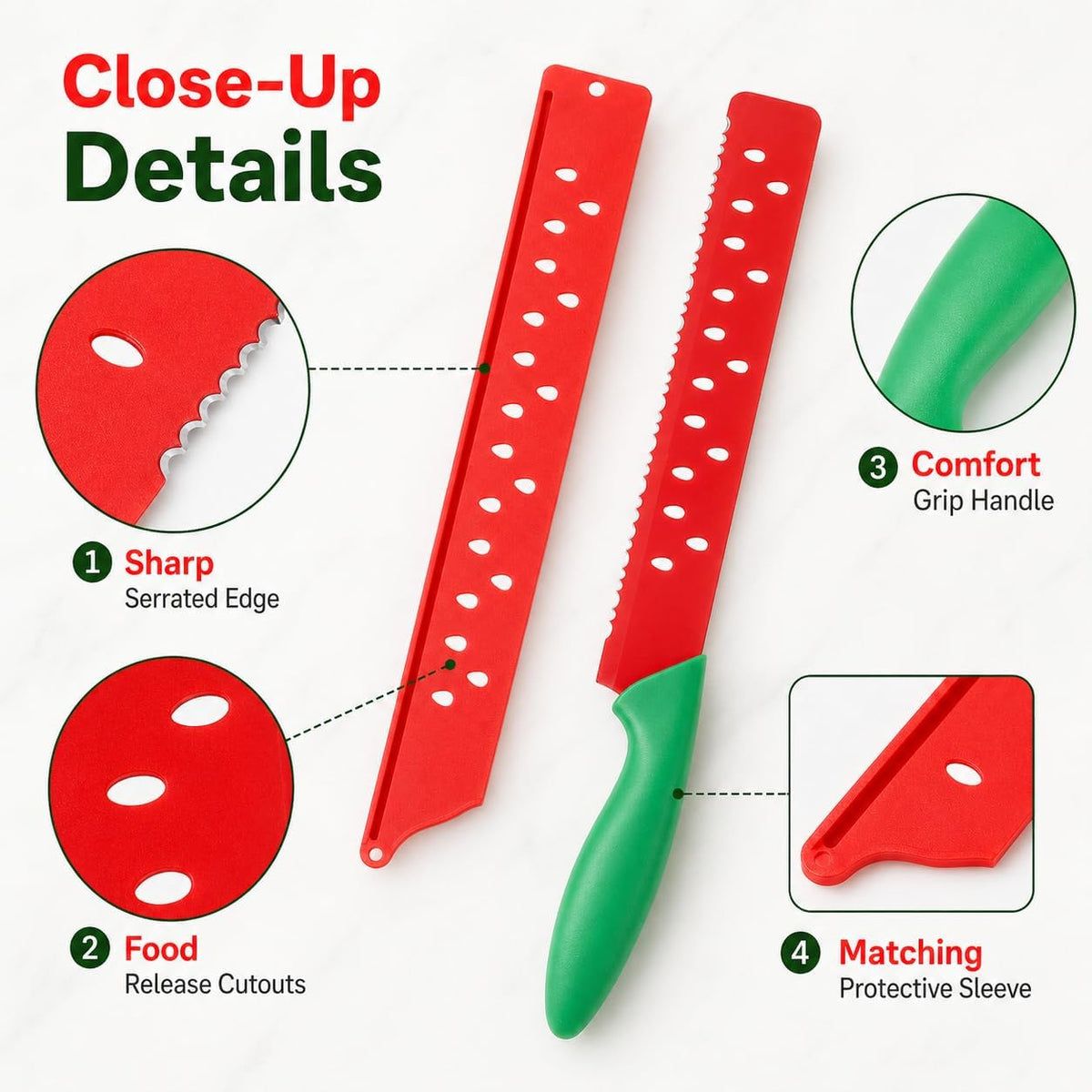 Watermelon Knife with Sleeve for Melon Cutting, Long Serrated Bread Lettuce Vegetable Knife, Kitchen Fruit Melon Tomato Cutter Slicer, with Cover for Home Summer Party Camping Outdoor (Red Green)