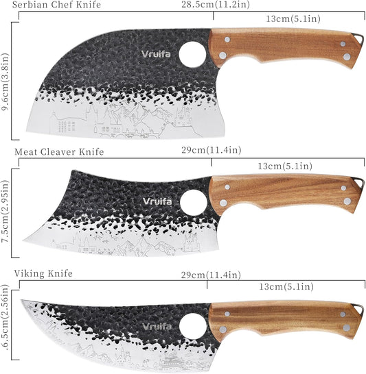 Butcher Knife Set, Hand Forged Kitchen Knife Set for Home,BBQ, and Camping | Serbian, Meat Cleaver, Viking, Premium Stainless Steel Blades, Ergonomic Wooden Handle